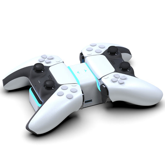 Pair of white gaming controllers with black accents on a white background