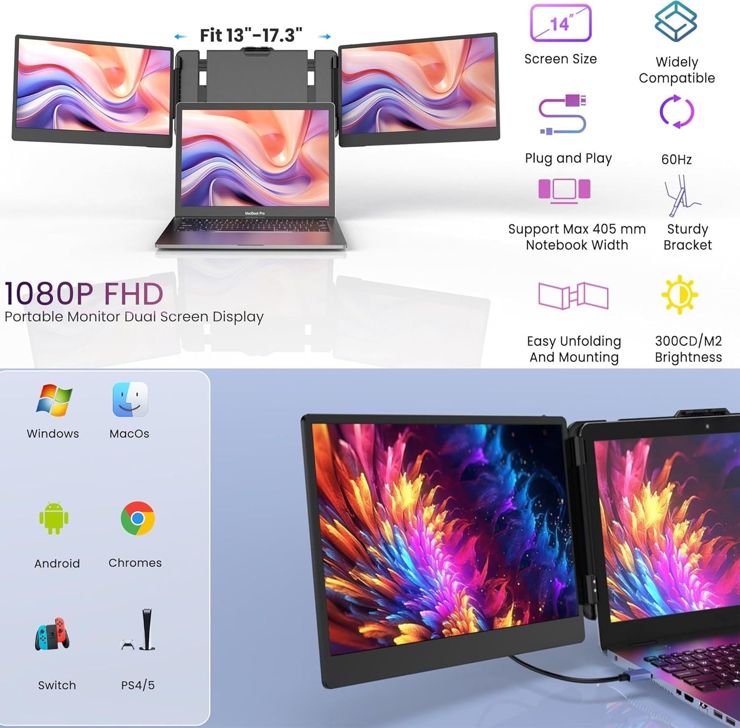 DualExtend 14" FHD IPS Laptop Screen Extender - Triple Monitor