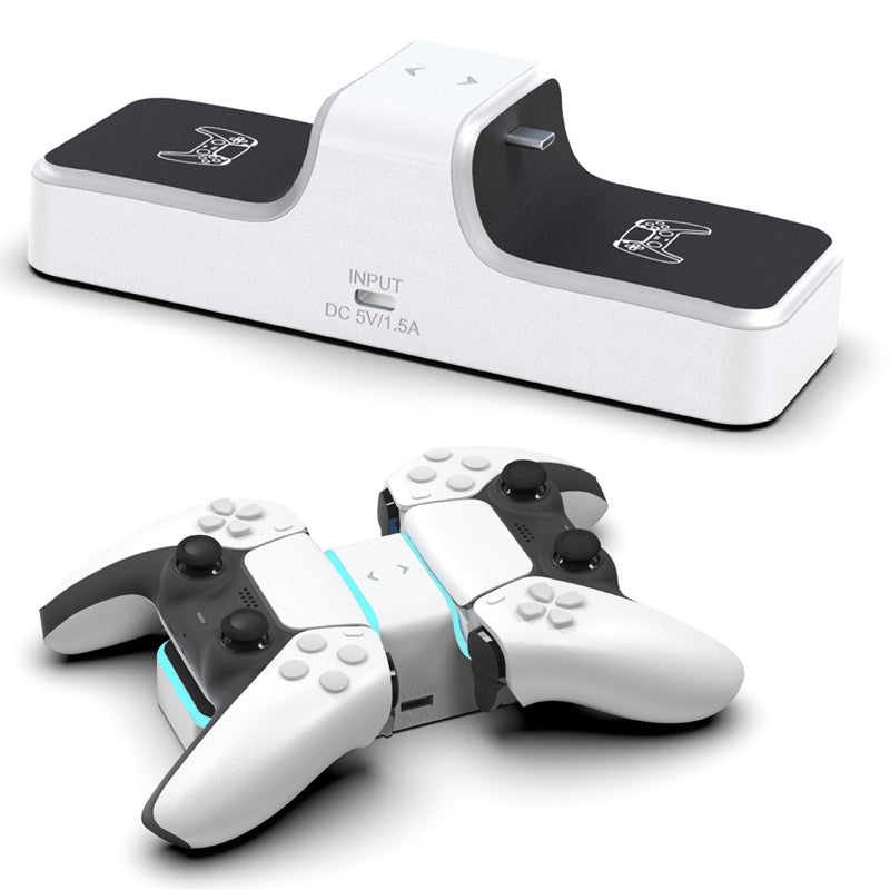 White gaming controllers with charging station on a white background